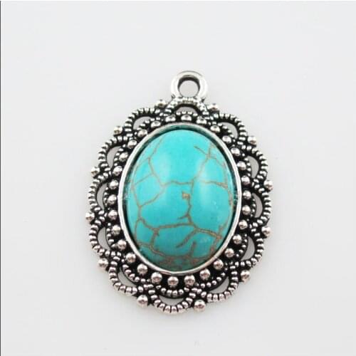 4Pcs Retro Tibetan Silver Oval Stone Flower Charms Pendants 22x31.5mm