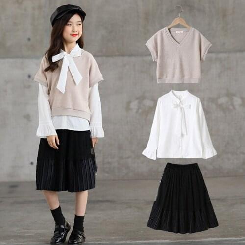 2021 Spring New Arrival Kids Clothing V-neck Sweater + Bow White Blouse + Long Skirts 3 Pieces Sets Meisjes Kleding