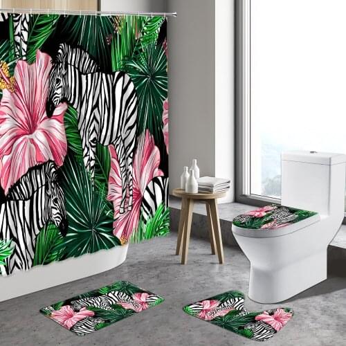 4pcs Tropical Plant Shower Curtain Green Leaves Flower Plants Zebra Palm Leaf Anti-Slip Bath Mats Toilet Cover Bathroom Carpets