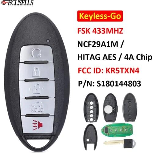 5 Button Keyless-Go Smart Remote Car Key FSK 433Mhz NCF29A1M / HITAG AES / 4A Chip FCC ID: KR5TXN4 S180144803 For Nissan Altima