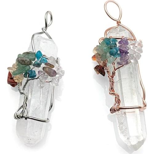 5pc Natural Crystal Healing Cylinder Quartz Mix Stone Chips Beads Wire Wrapped Life Tree Stone Pendants