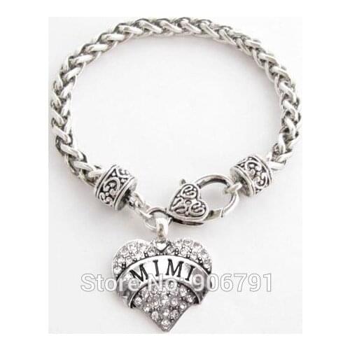50pcs a lot antique silver MIMI with Crystal Heart Bracelet Jewelry