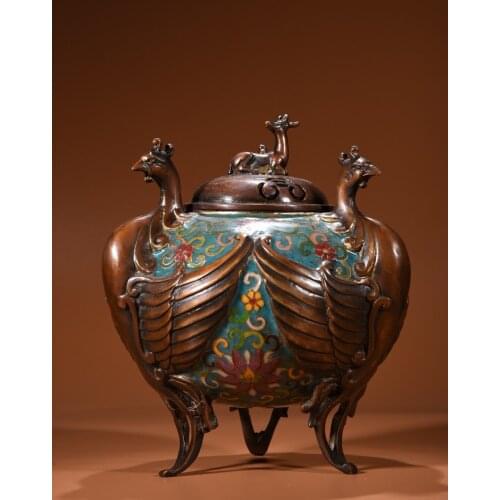 8"Chinese temple collection Old Bronze Gilt Cloisonne Enamel Phoenix statue incense burner Ornaments Town House Exorcism