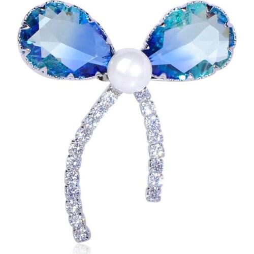 Blucome Luxury Blue Rhinestone Bow knot Shape Brooches Zircon Simulated Pearl Brooch Women Kids Dress Suit Corsages Pins Jewelry