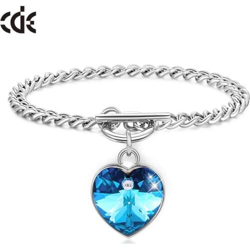CDE Classic Boho Blue Crystal Heart Charm Bracelet Stainless Steel Chain Bracelets Womens Accessories Pulsera Wholesale
