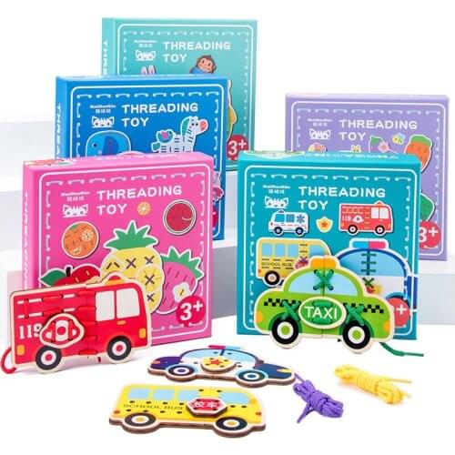 Kids Wooden Education Montessori Toys Animals Fruits Jigsaw Puzzle Threading Game Stringing Handmade Learning Toys