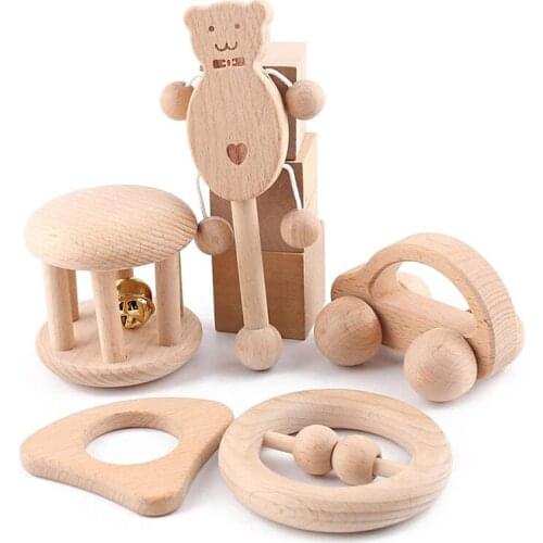 Infant Newborn Wooden Beech Baby Rattles Teething Ring For 0-36 Months Educational Hand Bell Shaker Toy Animal Shape Musical Toy
