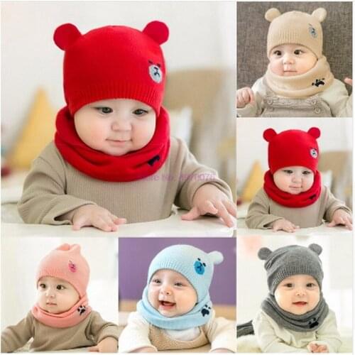DHL 50pcs Hooded Scarf Ear flap Knitted Cap Warm Bear Round Machine Cap Protects Ear Bonnet Baby Cute Winter Caps Scarf Suits