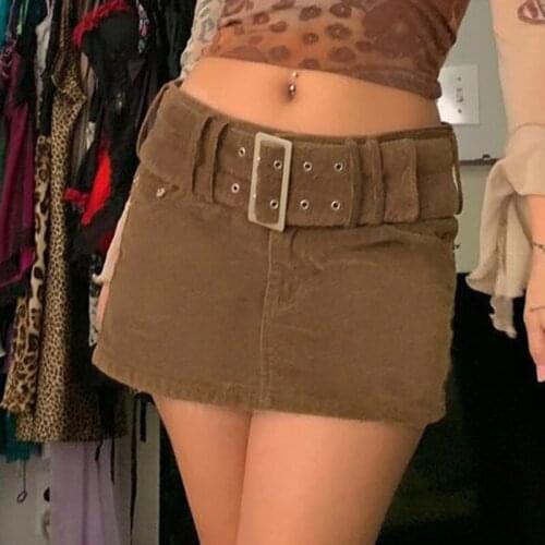 Brown Corduroy Woman Skirts Vintage Sashes Low Waist Preppy Style Clothes Skirt 90s Aesthetic Sexy Mini Skirts Femme Jupes 2020
