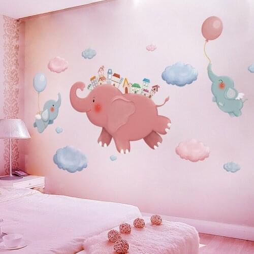 Kawaii Home Decor Cartoon Wall Stickers Pink Elephant Wall Decals for Kids Room Girls Bedroom Decoration DIY Vinyl Wallpaper PVC