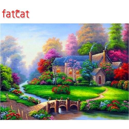 FATCAT Small bridge house Diy Diamond Painting Full Square Round Drill Spring Diamond embroidery Rhinestone Picture decor AE666