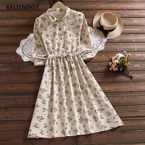 Mori Girl Autumn Spring Women Dress Turn-down Collar Apricot Lace Up Vestidos Floral Printed Corduroy Elegant Midi Chic Dresses