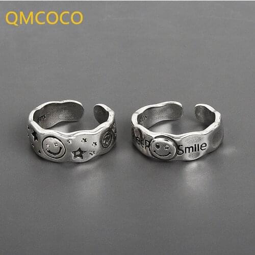 QMCOCO 925 Silver Retro Stars Smile Face Shape Adjustable Female Trend Sweet Elegant Handmade Hip-Hop Fashion Ring