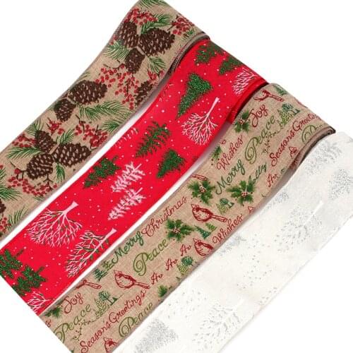 Christmas Glitter Linen Ribbon Pine Pattern Webbing For Hair Accessories DIY Sewing Supplies Crafts 7cm/2Yards