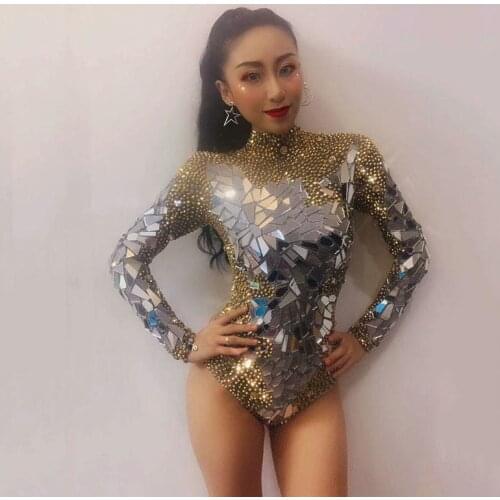 Sexy Women Shining Silver Sequins Rhinestone Dress Birthday Bright Costume Prom Bling Mirrors Dresses Evening Outfit