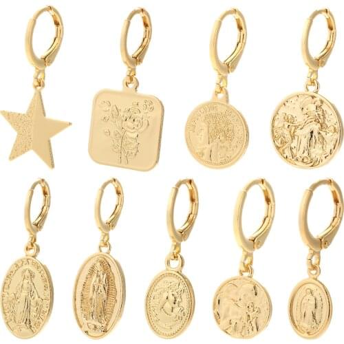 Coin Hoop Earrings Our Lady Dangle Earrings Gold Star Ear Rings for Female Cubic Zircon CZ Party Gift Korean New Fashion 2021