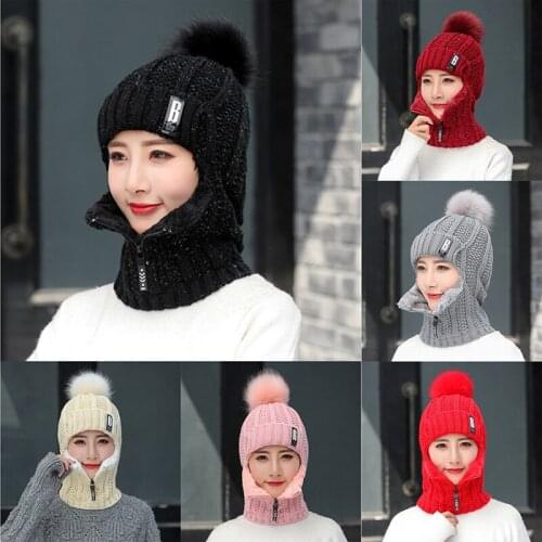 Womens Hat With Bib Hair Ball Zipper Solid Color Knitted Hat Ear Protection Warm Cute Fashionable Womens Hat