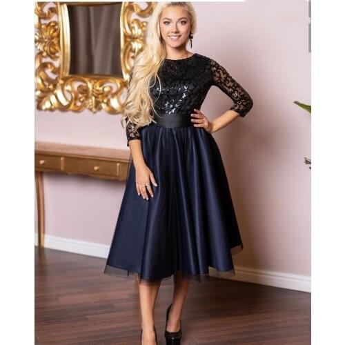 Nave Blue Evening Dress A-Line 2020 Shinny Half Sleeve Satin Women Formal Party Gowns Evening Custom Made O-Neck Green Elegant