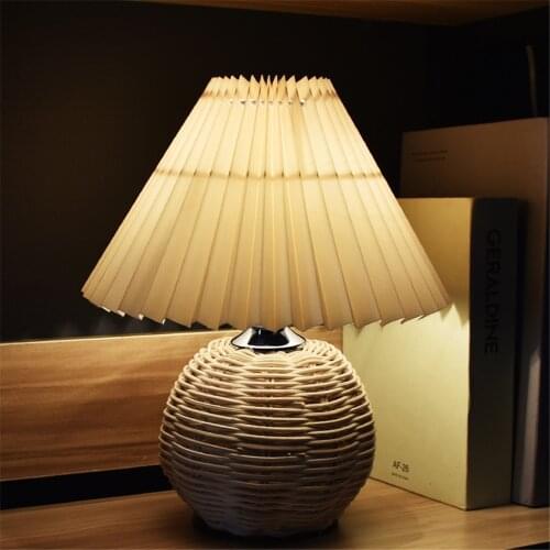 Usb Rattan Vintage Pleated Lamp Warm Dimmable Korean Table Light with Led Bead Warm for Bedroom Living Room Home Lighting Decor