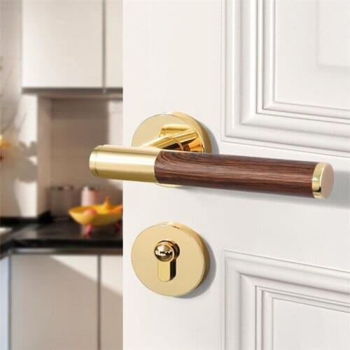 Gold Wood Texture Straight Handle Door Lock Indoor Room Bedroom Split Door Lock Set Household Silent Lock With Body And Keys