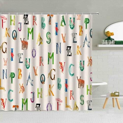 Cartoon Alphabet Animal Shower Curtain Elephant Lion Tiger Zebra Colorful Scenery Bathroom Decor kids Waterproof Fabric Curtains