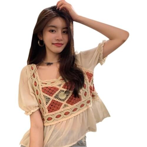 Summer French Vintage Design Tshirt Women Hollow Embroidery Bubble Sleeve Wild Short Sleeve Tee
