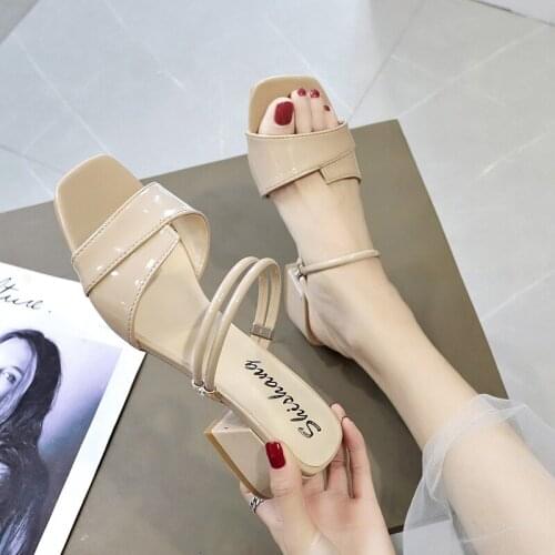 Woman Shoes Summer High Heels Fashion Two Ways To Wear Open Toe Sandals Square Heel Slip-on Patchwork Riband Ladies Shoes