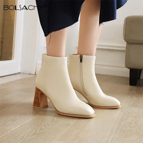 Women Short Boots Thick Heel Autumn Winter Boots 2021 New Square toe High Heels Nude Boots Zip Mid-heel Botas de Mujer Beige