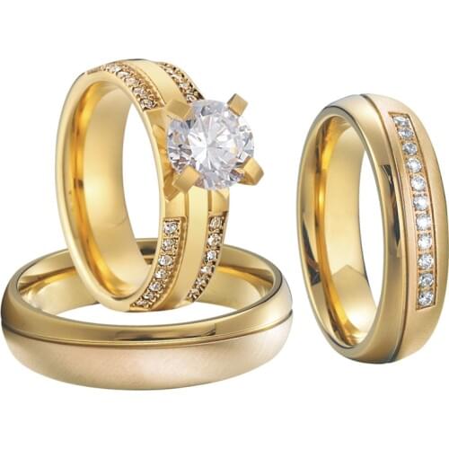 Ladies Alliances cz marriage 3 pcs Promise Engagement Wedding Rings Set for couples men and women Stainless steel Jewelry