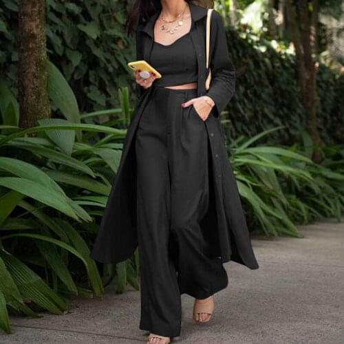 2021 Autumn Casual Sling Shirt Long Sleeve Windbreaker Jacket And Loose High Waist Trousers Women Fashion Solid Three Piece Set