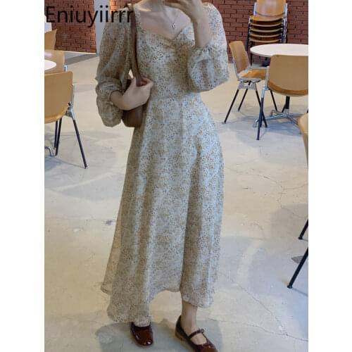 2021 Fall Autumn Women Chic Korea Fashion Clothes Retro Vintage Flower Long Dress