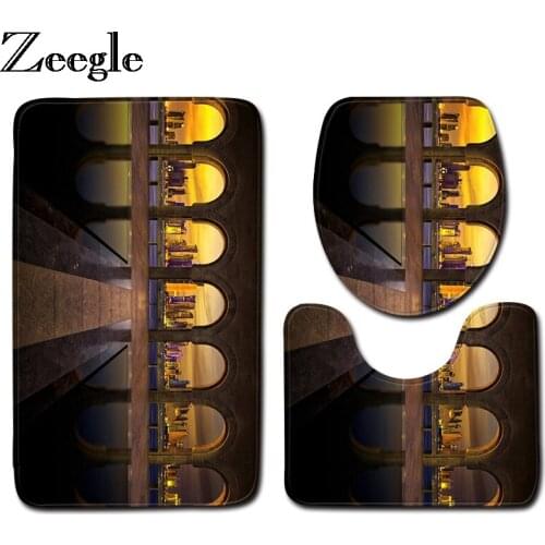 Zeegle City Printed 3pcs/set Bathroom Mat Set Anti-slip Toilet Floor Rugs Flannel Toilet Bath Mat Set Bathroom Carpets And Rugs