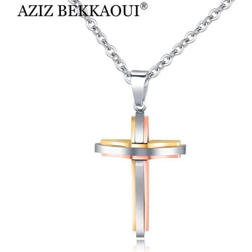 AZIZ BEKKAOUI Unique Stainless Steel Cross Pendant Necklaces For Women Men Vintage Long Chain Necklace Christian Jewelry Gift