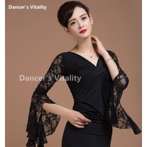 Free shipping, fashion Elegant Black lace ruffle Latin dance top for women/female/girl, square dance practice upperwear