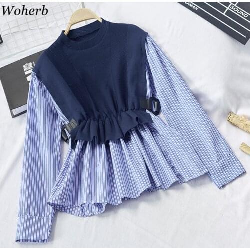 Wohherb Knitted Cape Patchwork Blouse Women Korean Chic Fake Two Pieces Set Ladies Causal Office Streetwear Knit Tops Pullover