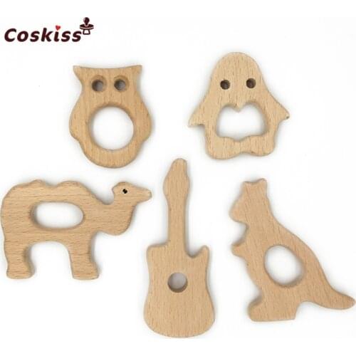 DIY Baby Teether Toys Organic Natural Beech Wooden Kangaroo-Owl-Camel-Penguin-Guitar Hand Cut Toys Baby Wooden Teether Gift