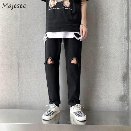 Jeans Men Solid Holes Thin Summer Loose Casual Trendy Chic Retro Streetwear High Street Harajuku All-match Simple Cool Vintage