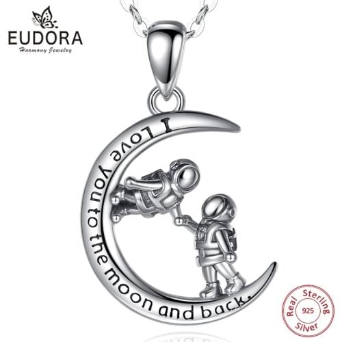 EUDORA 925 Sterling Silver Astronaut Moon Design Necklac I love you to the moon and back Pendant Fashion Jewelry for Man Girl