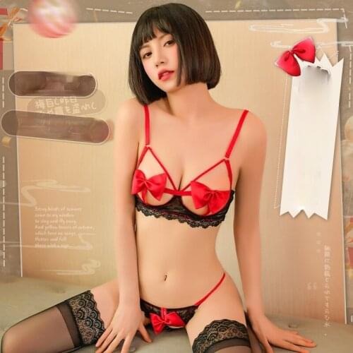 Kawaii Sexy Mini Micro Open Bikini Bra and Panty Set Underwear Women Lingerie Open Crotch Panties Hollow Out Erotic Cosplay Hot