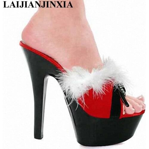 LAIJIANJINXIA Red lovely open-toed Slippers. Pure white rabbit hair slippers. Nightclubs shoes 15CM Super High womens shoes