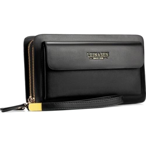 Double Zippers Mens Lagre Capacity Leather Wallets with Coin Pocket Long Clutch Business Handbag