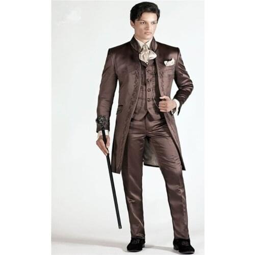 Customize Embroidery Groom Men Suit Tuxedos Tailcoat Groomsmen Mens Wedding Prom Suits best man (Jackes Sets (Jacket+Pants+Vest)