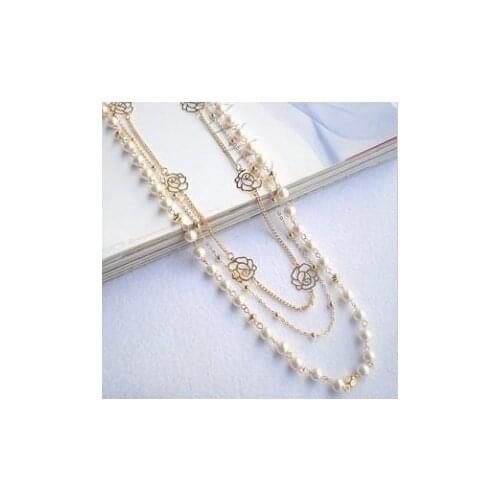 New Statement Necklace Long Sweater Chain Drill Multilayer Pearl Long Necklace Rose Flower Choker Necklace Women Wholesale