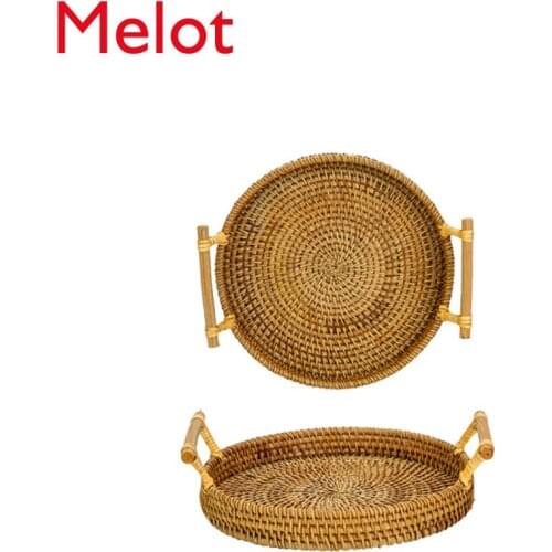 Rattan Tray Binaural Candy Plate Afternoon Tea Tableware Fruit Plate Fruit Basket Household Tea Tray Hand Woven Natural