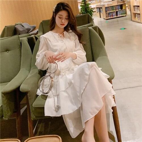 Pullover Long sleeve Young girl Dresses New 2021 Spring Multi-layer cupcake Dresses Solid Color medium Long Chiffon Dress 570C