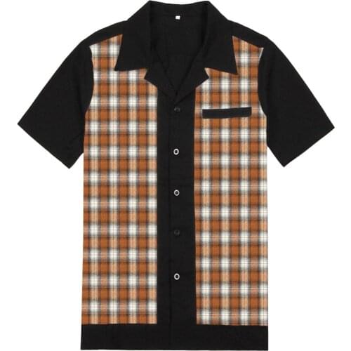 Patchwork Plaid Shirts Mens Blouse Short Sleeve Casual Button Down Shirts Camiseta Retro Hombre Bowling Dress Male Shirts