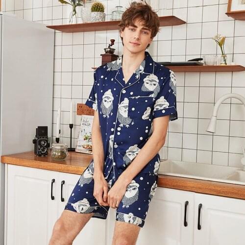 SAMWESTART Mens Stain Silk Pajamas Sets Silk Men Pajamas Spring Summer Short Sleeve Shorts Homewear Set men sleepwear