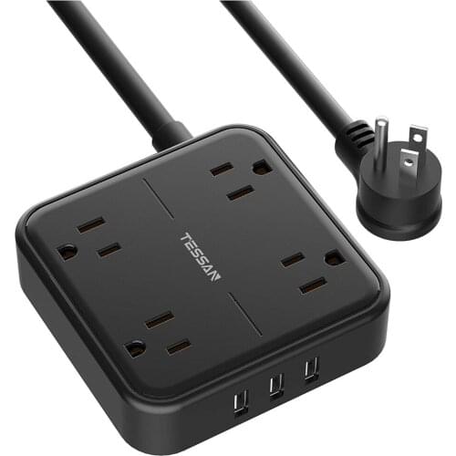 US Flat Plug Power Strip 3 USB Ports and 4 Outlets Socket Extender 100-240V Charger Multi Adaptors for Phone Tablets Laptops