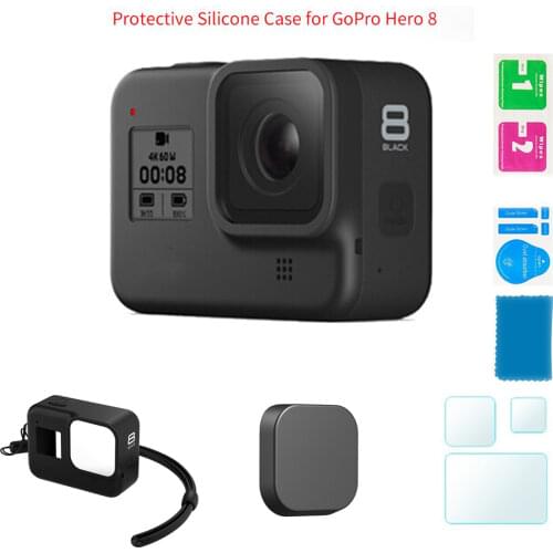 Silicone Case for GoPro Hero 8 Black Tempered Glass Screen Protector Protective Film Lens Cap Cover for Go Pro 8 Accessories