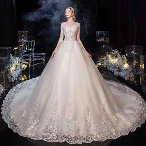 Wedding Dress 2021 New Luxury Half Sleeve Sexy V-neck Wedding Gown With Train Lace Up Plus Size Princess Vintage Dress